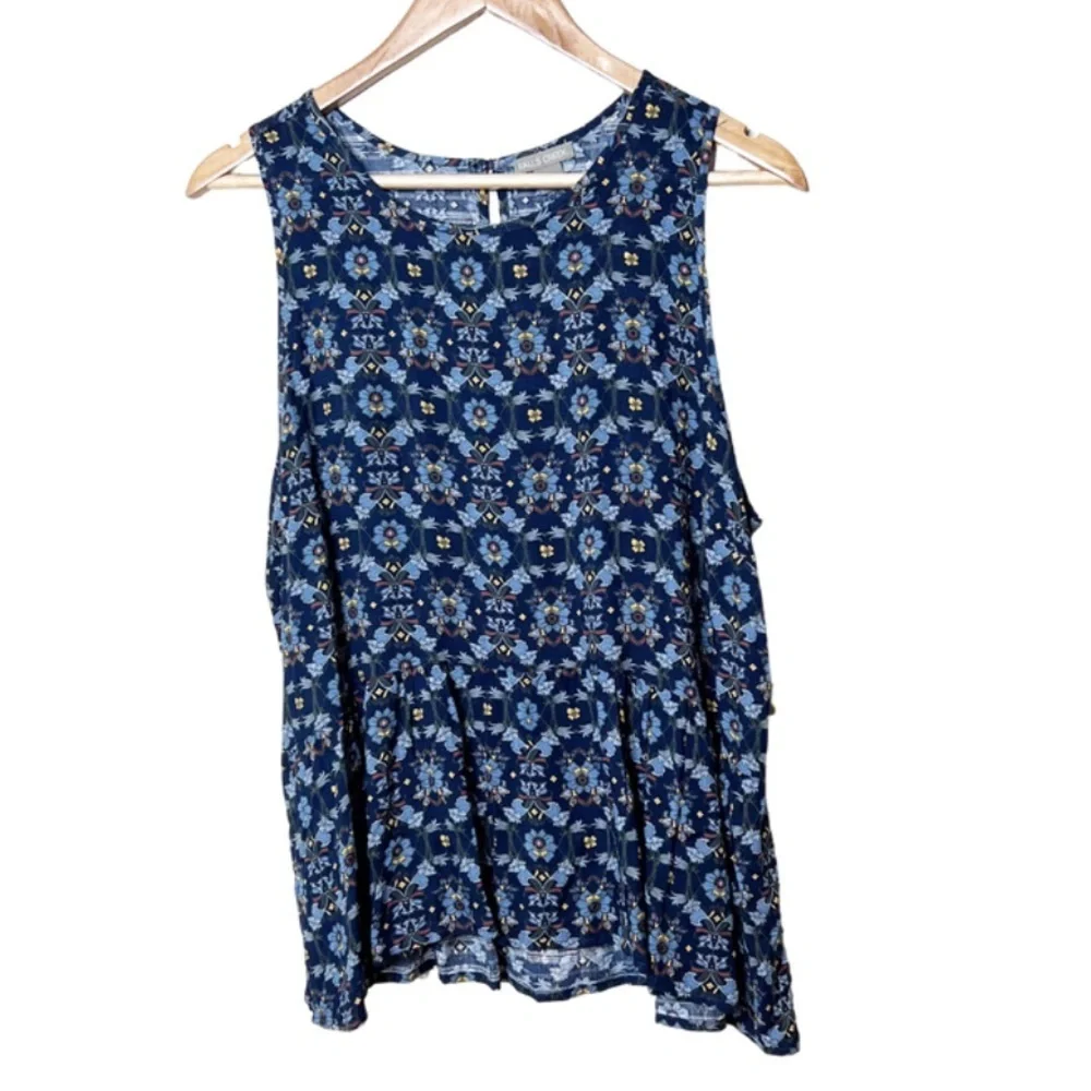NWT Falls Creek Womens Sleeveless Floral Print Tiered Tank‎ Top Blue Yellow - Picture 4 of 16